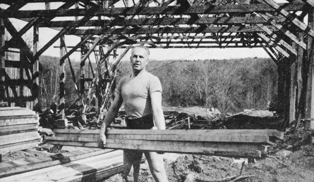 Ted Shawn at building site of Ted Shawn Theatre, 1942
