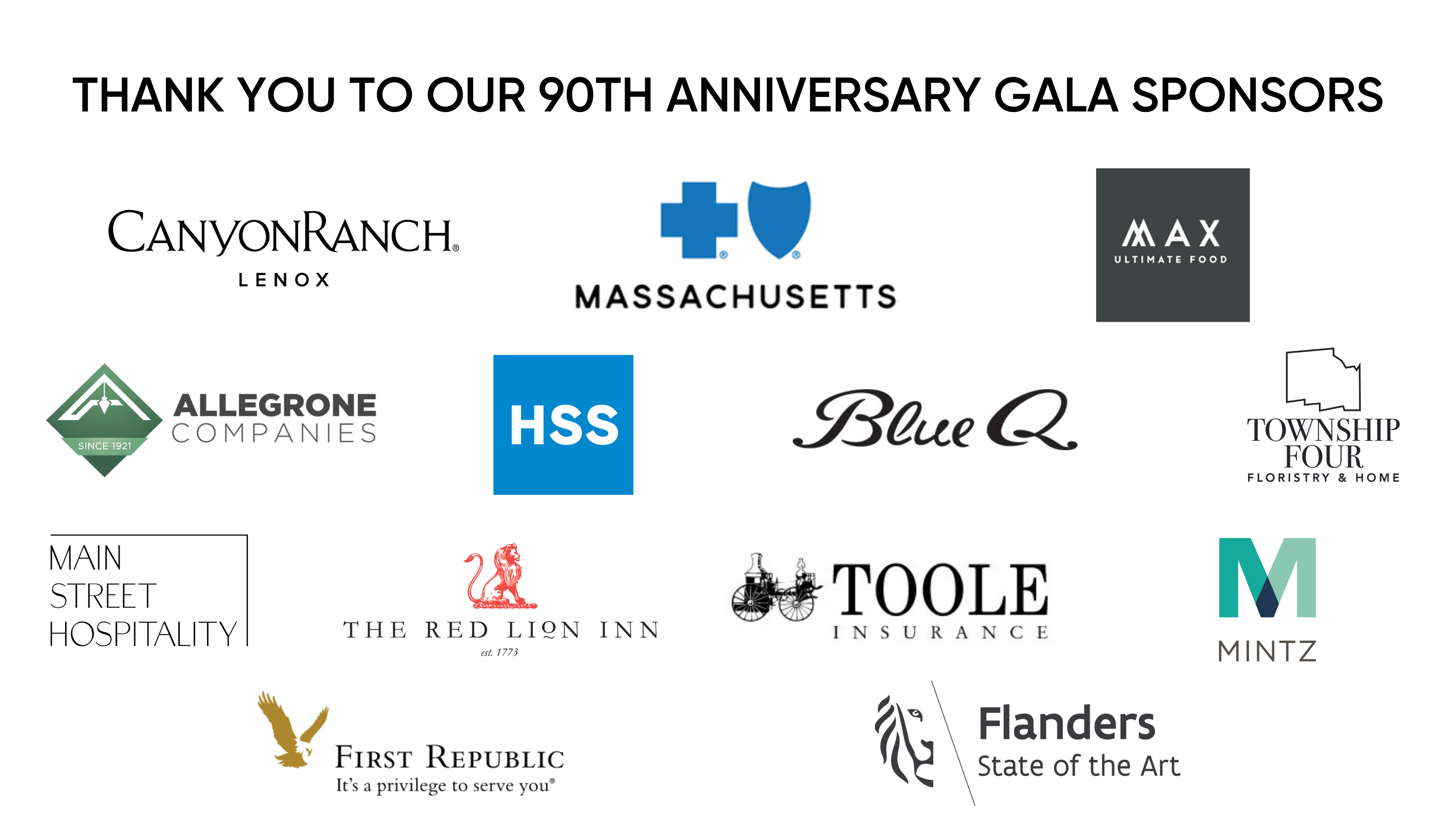 Grid of Gala sponsors with logos of Canyon Ranch, Blue Cross Blue Shield Massachusetts, Max Ultimate Food, Allegrone Companies, HSS, Blue Q, Township Four, Main Street Hospitality, The Red Lion Inn, Toole Insurance, Mintz, First Republic, and Flanders