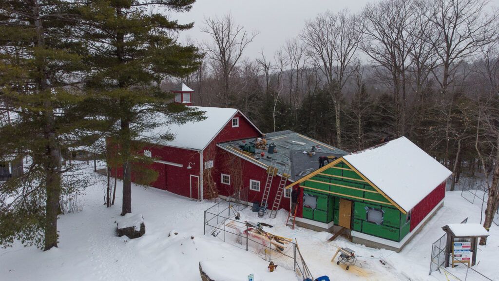 Drone footage of construction on Blake's Barn, January 2021; photo Christopher Duggan.