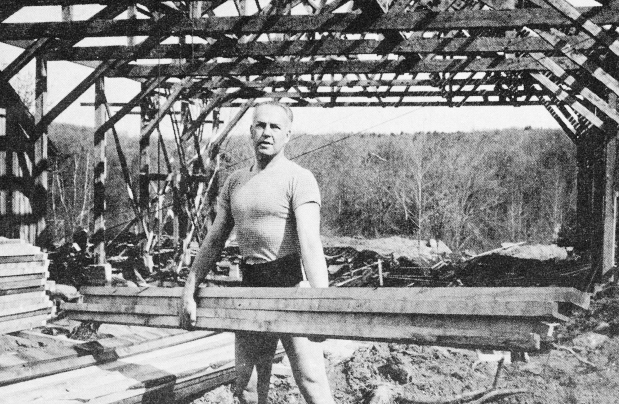 Ted Shawn at the building site of the Ted Shawn Theatre, 1942; photo unknown