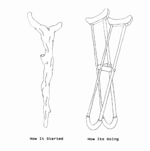 A picture of a stick with text how it started underneath next to an image of a pair of crutches with the text how its going underneath.