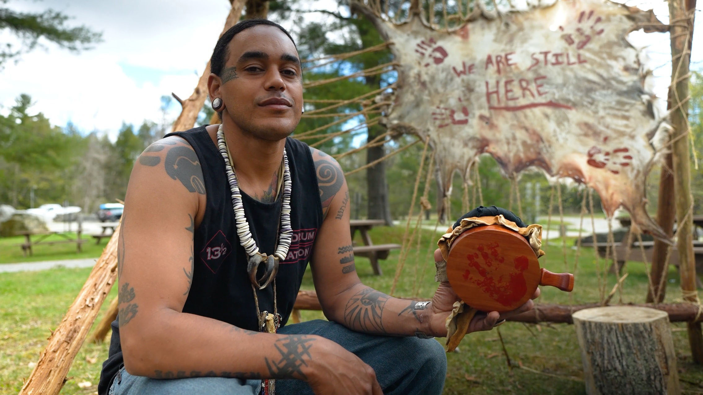 Andre Strongbearheart Gaines Jr. at his homesite installation at Jacob's Pillow, May 2022
