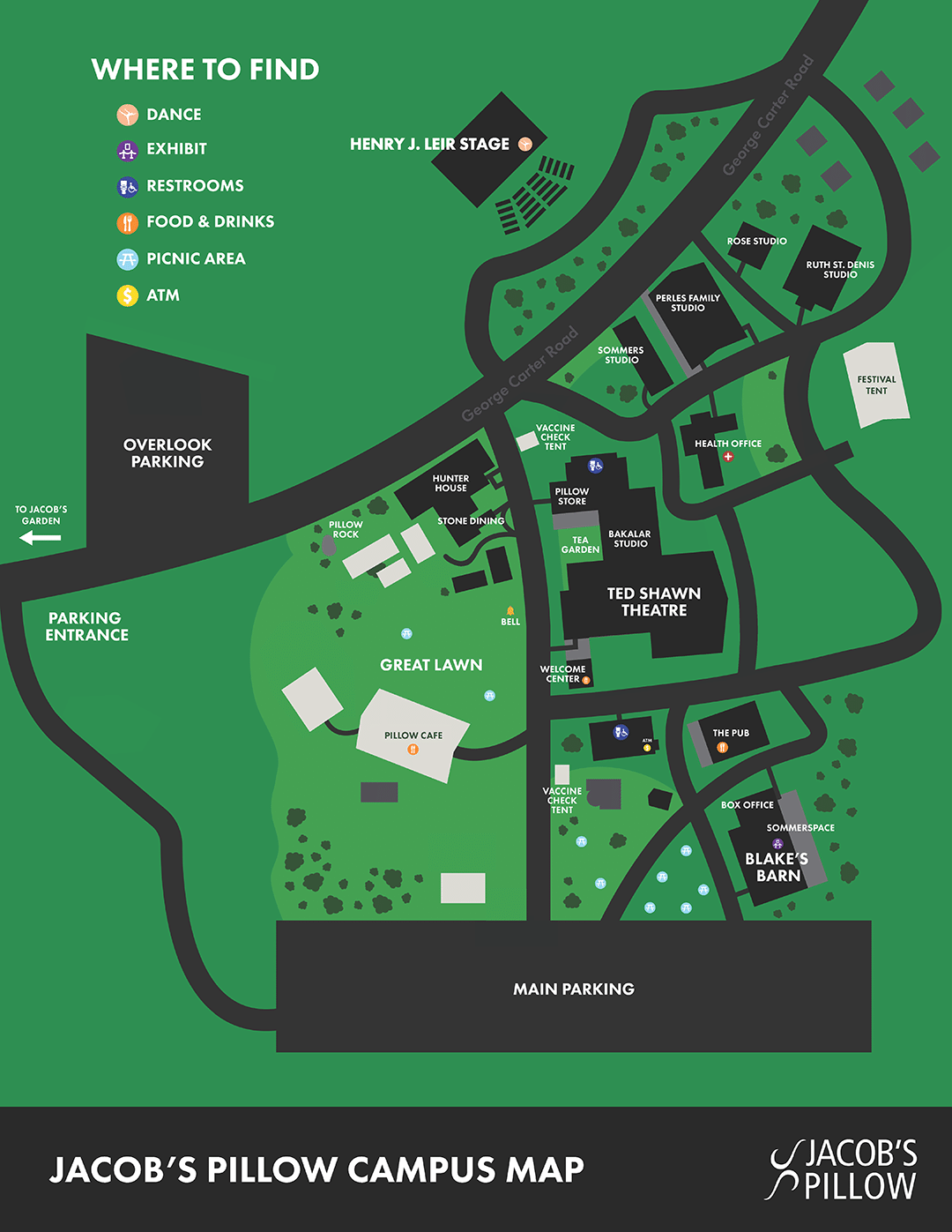 Aerial map of Jacob's Pillow with icons 