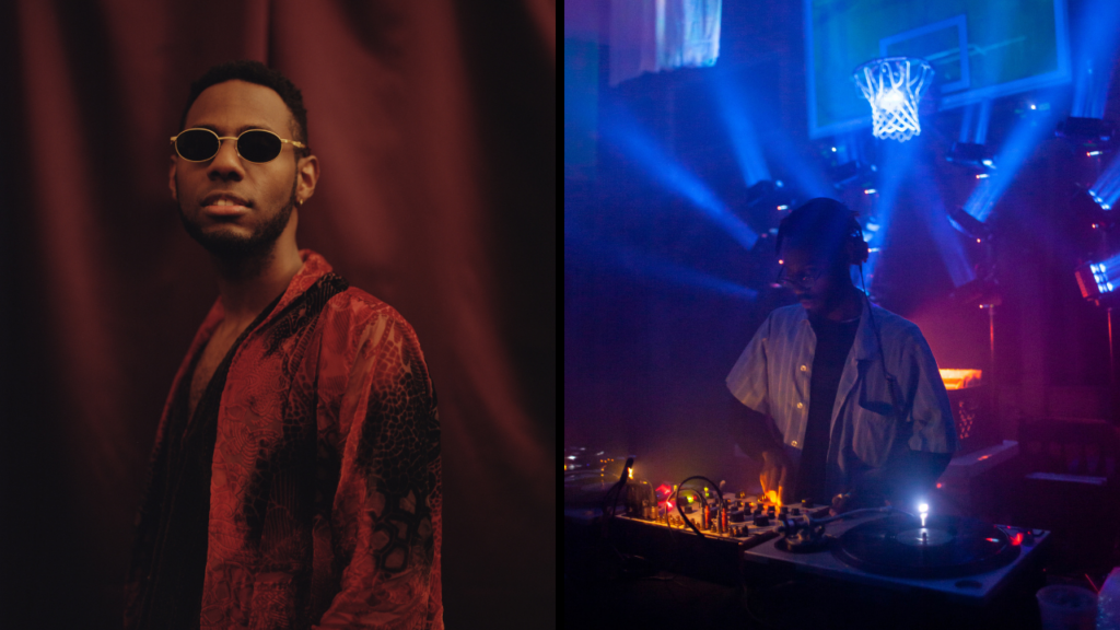 A portrait of DJ Devoye against a burgundy backdrop and standing at the turntable