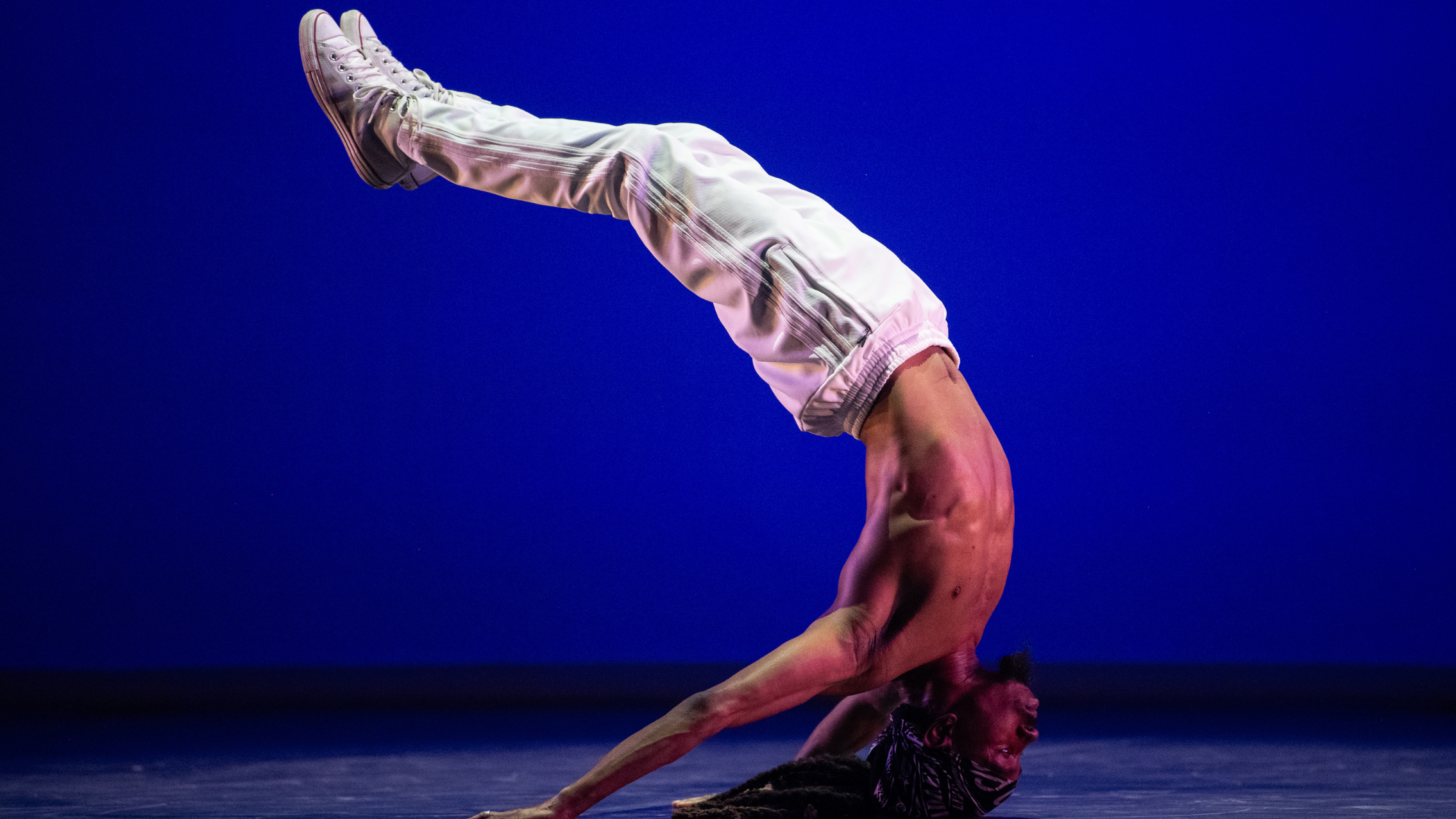 A dancer in white pants does an inverted headstand against a blue backdrop.